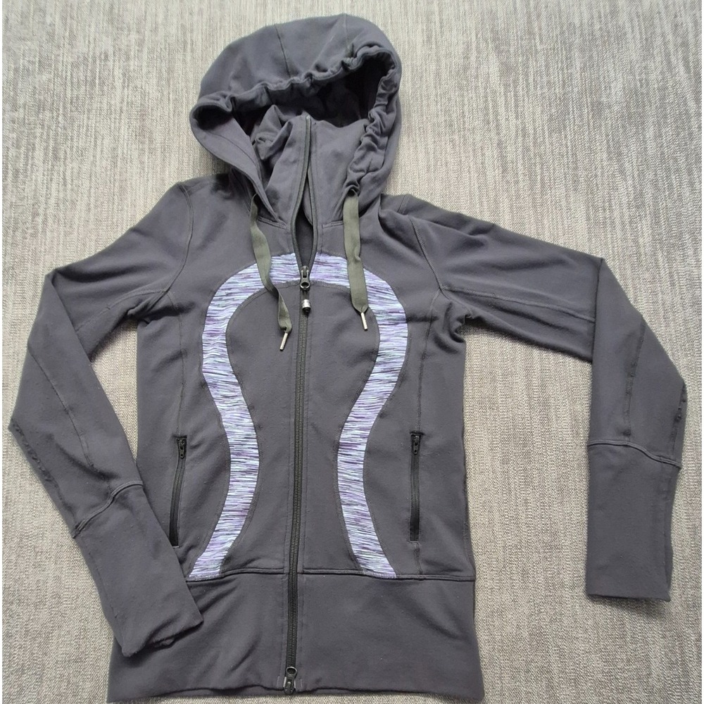 Lululemon Women's Gray Hooded Full Zip Jacket sz 4 Logo Zip Pockets Athletic